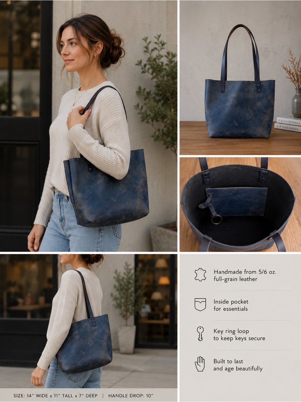 Bates Leather Company Handmade Leather Tote Bag One of a Kind Full Grain Leather